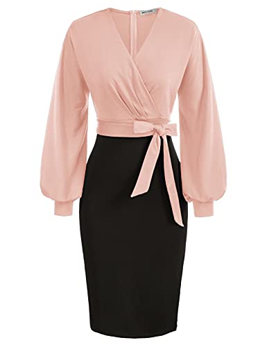 GRACE KARIN Damen Langarm HIPS-Wrapped Kleid Arbeit Bodycon Hochzeit Gast Büro Kleider V-Ausschnitt Abendkleid mit Gürtel XL Rosa-Schwarz CL0761S21-02