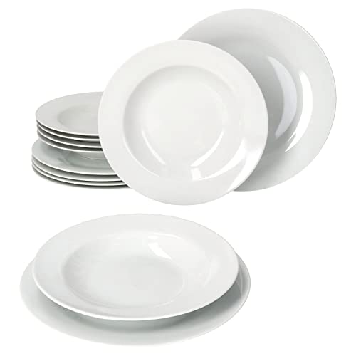 Van Well 12tlg Tafel-Service Basic für 6 Personen I 6x Suppenteller 150ml & 6x Speiseteller Ø32,2cm I schickes weißes Porzellan-Geschirr I tiefer Salat-Teller, Dessert-Schale, Essteller, Grillplatte