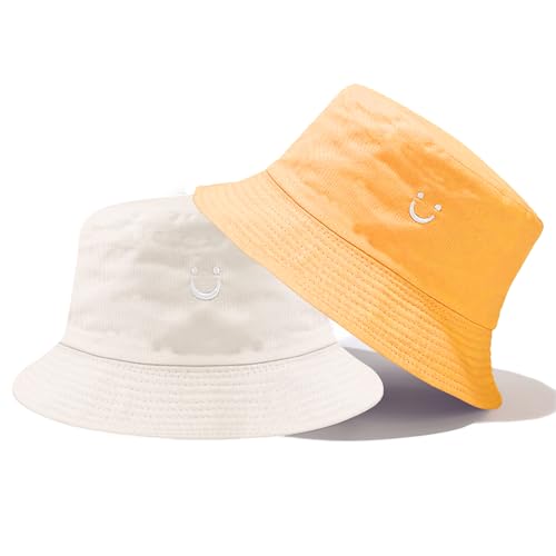SUBTAVIK Kinder-Sonnenhut mit Smiley-Motiv, für Mädchen und Jungen, wendbarer Kleinkinderhut, breite Krempe, doppelseitiger Fischerhut, atmungsaktiver Sonnenhut für Kinder von 2–8 Jahren (Beige/Gelb)