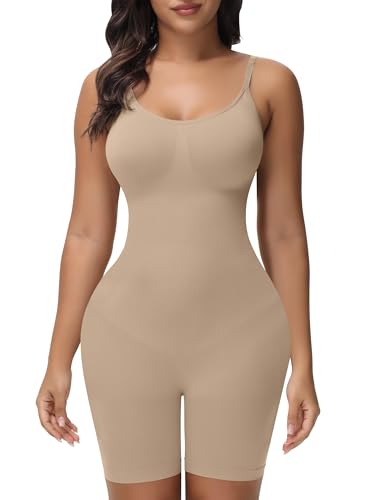 Breampot Shapewear Damen Figurformender Body Shaper Bauchweg Hohe Elastizität Bodysuit mit Bein Shorts Bodysuit Verstellbarer Schultergurt (X-Large, Beige)