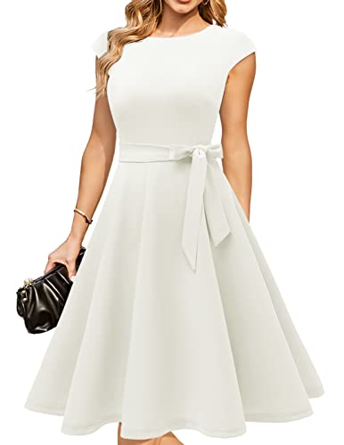 DRESSTELLS Cocktailkleid Damen Weiß Abendkleid Kurz Elegant 1950er Knielang Rockabilly Hochzeitkleid Vintage A-Line Swing Festlich Midilang Sommer Kleid White M
