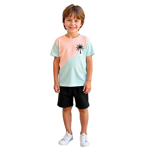 SUPTTING Jungen Sommer Set Zweiteiler Outfit T-Shirt Shorts Farbverlauf Palme Druck Kurzarm Rundhals Freizeitkleidung Kinder Garnitur Bequem Lässig für Urlaub Alltag Leicht Weich Bunt