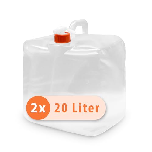 Pluvia® Wasserkanister 20L Trinkwasser Set (2x20L) faltbar - Blackout Notfallausrüstung - Notfall Ausrüstung - Kanister inkl. Verschluss & Wasserhahn, durchsichtig