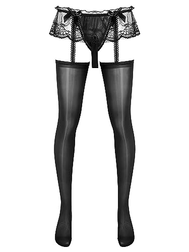 MSemis Strapsstrümpfe für Herren Sexy Öl Glänzend Transparent Hosenträger Strumpfhose Sissy Feinstrumpfhose Dessous Erotik Reizwäsche Schwarz A Einheitsgröße