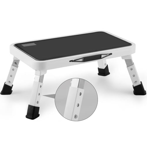 HBTower Tritthocker klappbar, höhenverstellbar, Trittleiter mit Rutschfester Plattform, bis 150 kg belastbar, Stufenleiter für Küche & Haushalt