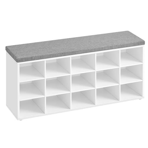 VASAGLE Schuhbank, Schuhregal mit Sitzfläche, Sitzbank mit Stauraum, Kissen, 15 Fächer, für Wohnzimmer, Flur, 30 x 105 x 48 cm, wolkenweiß-Taubengrau LHS15WT