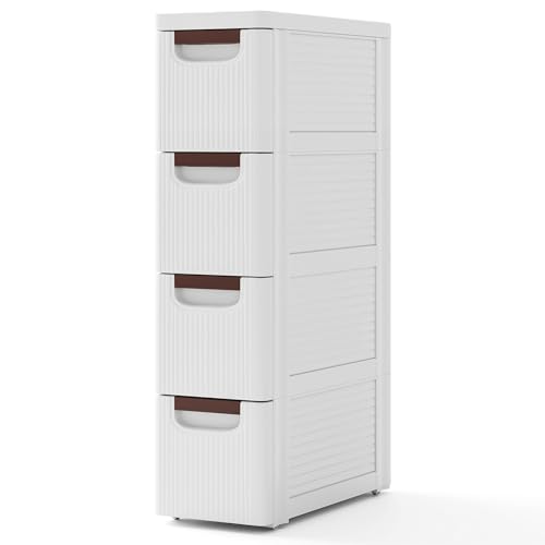 COSTWAY Nischenschrank schmal mit Rollen, Nischenregal 20cm breit, Nischenwagen mit 4 Schubladen, Badrollwagen für Bad, Klassenzimmer, Studio & Salon, Weiß