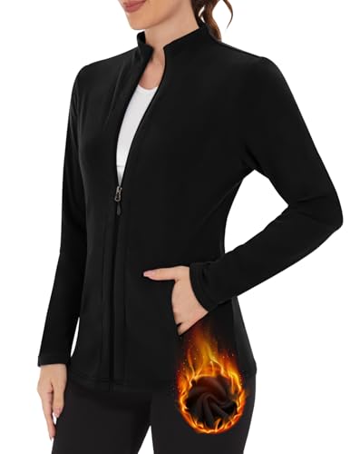 WOWENY Fleecejacke Damen Warm Gefüttert Sweatshirt mit Stehkragen Full Zip Fleece Sweatjacke Leichte Antistatische Für Winter Outdoor Laufen Wandern(Schwarz, S)