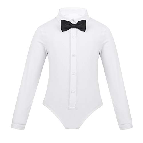 YOOJIA Kinder Jungen Einteilige Tanz Kostüme Anzug Body Hemd Lange Ärmel Smoking Strampler Leotard Trikot Moderner Latin Dancewear mit Revers Krawatte Weiss 116
