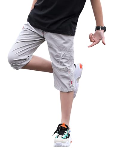 Echinodon Jungen 3/4 Sommerhose Baumwolle Leicht Dünn Sport Shorts Kinder Kurze Hosen Sweatshorts Grau 170