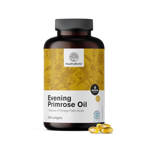 HealthyWorld® Nachtkerzenöl 1000 mg – 240 Weichkapseln – Natürliche Quelle für Omega-6 und Omega-9 – Hoher GLA-Gehalt – 8-monatiger Vorrat – Gluten- und Laktosefrei