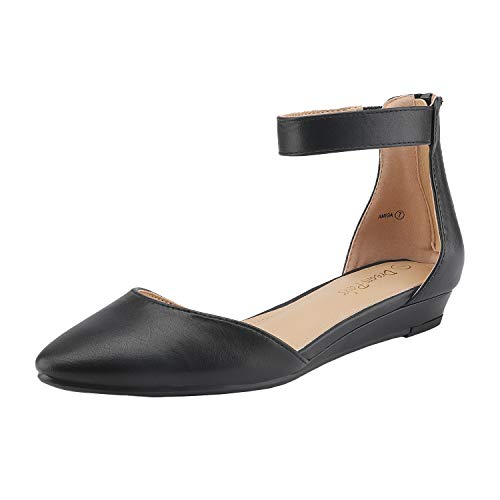 DREAM PAIRS Damen Flache Schuhe mit niedrigem Keilabsatz und Knöchelriemen,Size 39,Schwarz/Pu,AMIGA