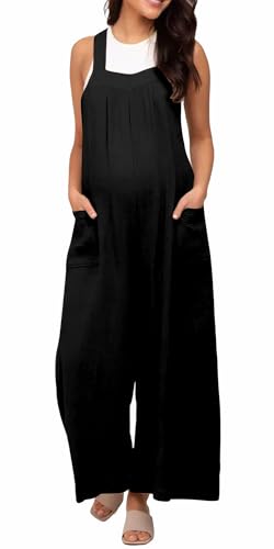 FEOYA Frauen Umstands Jumpsuit Damen Overall Schwangerschafts Latzhose Weites Bein Umstandsmode Schwarz L