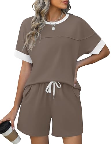 IECCP 2 Teiler Damen Sommer Streatwear Trainingsanzüge Baumwolle Kurzarm Rundhals Shirt und Shorts mit Taschen sportanzug Loungewear Outfit Khaki Weiß M