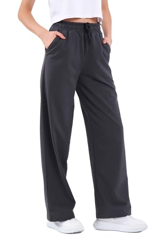 COMEOR Jogginghose Damen - Sporthose Lang Baumwolle Traininghose Lockere Sweatpants mit elastischem Bund und geradem Bein (Dunkelgrau L)