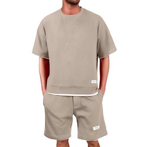 Generisch Waffle Trainingsanzug Herren Jogginganzug Sommer Kurz Freizeitanzug Kurzarm Tshirt + Kurze Jogginghose Sets 2 Teiliges Casual Sommeranzug Fitness Sportanzug Y2K Tracksuit für Männer