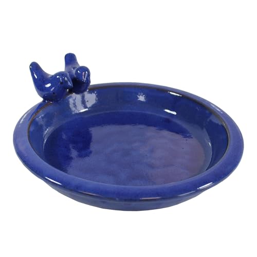 colourliving | Vogeltränke Winterfest rund 30 cm | Noble Keramik glasiert | Vogelbad mit 2 Deko Vögel | Vobelbecken Garten (blau)