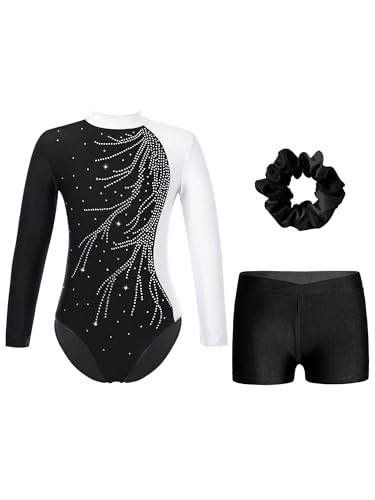 Alvivi Mädchen Turnanzug Glitzer Gymnastikanzug mit Kurze Hose Haarband Langarm Gymnastikbody Turntrikot Gymnastik Kleidung Tanzkostüm Weiß&Schwarz 158-164