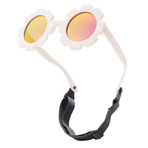 COASION Baby Sonnenbrille 0-24 Monate Polarisierte Blume Sonnenbrille Kinder mit Riemen Verstellbar Weicher Silikonrahmen UV400 Schutz Niedlich Sonnenbrille Baby für 0-2 Jahre Weiß/Lila Gespiegelt
