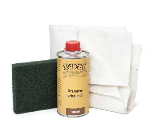 Orangenschalenöl Set - Natürliches Lösungsmittel gegen Überölung | Inkl. Ölsaugtücher & Schleifpad | Für Holzpflege, Reinigung & Verdünnung (0,5 L + 2 Ölsaugtücher)