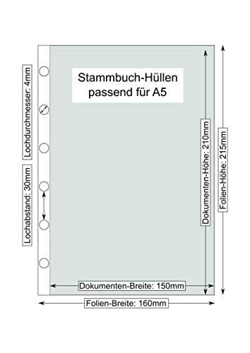 10er Pack - KATEX Stammbuch-Hüllen+ - 6-Fach Lochung - für A5 Dokumente und Urkunden, 150mm x 210mm