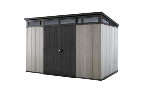 Keter Kunststoff Gerätehaus 11x7 – Wetterfestes Gartenhaus mit Boden, Doppeltüren & Fenster, Fahrradschuppen, Ideal für Outdoor-Geräteschuppen, 342x218x226cm