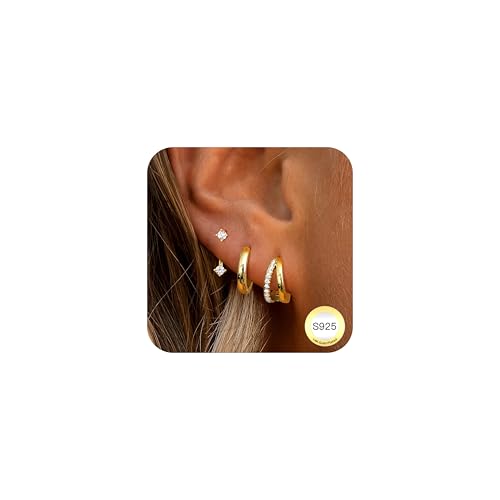 LOLIAS 3 Paar Ohrringe Gold Set für Damen 14K Vergoldet Kleine Ohrstecker Gold Stapelbar Zirkonia Helix Piercings Ohr Gold Ohrstecker Creolen Ohrringe Set für Mehrere Piercings