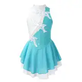 FEESHOW Mädchen Eiskunstlauf Kleid Neckholder Pailletten Blumen Eislaufen Kleid Tanz Trikot Kinder Glänzende Rollschuhlaufen Tanzkleidung Blaugrün&Weiß 134-140/9-10 Jahre