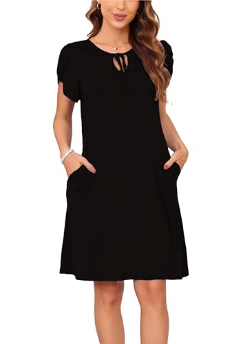 Sommerkleid Damen Knielang A-Linie Kleider T Shirt Kleid A-Linien Swingkleid Loose Jersey Dresses Schwarzes XL