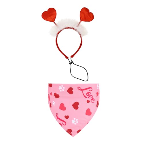 Valentinstag Hund Herz Stirnband und Valentinstag Hunde Halstuch, Rot Herz Weiß Flauschig Haustier Stirnband Niedlich Hund Bandanas für Geburtstag Party Kopfbedeckung Kostüm