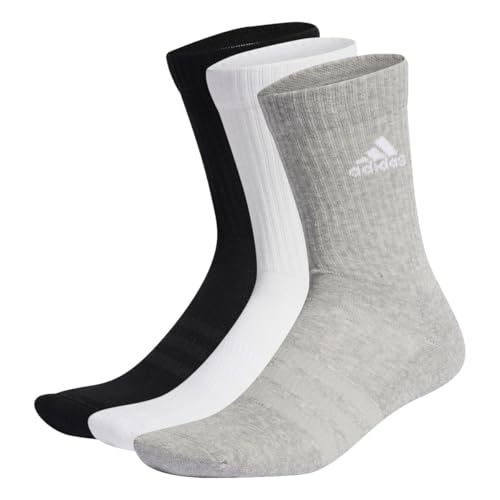 adidas Unisex Cushioned Crew Socks 3 Pairs, Medium Grey Heather / White / Black, 8.5-10