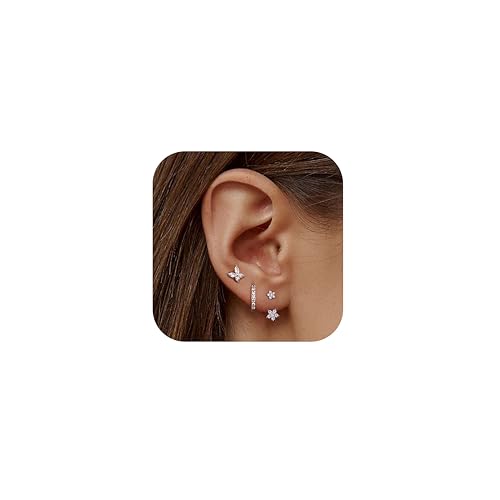 JeweBella 3 Paar Ohrringe Silber 925 Set für Damen 14 Karat Vergoldet Kleine Ohrstecker Stapelbar Zirkonia Creolen für Mehrere Piercings