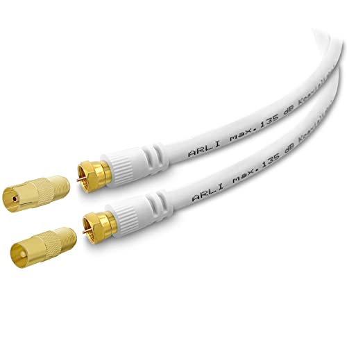 ARLI 2m TV Antennenkabel weiß – max. 135 dB 5-fach geschirmt | vergoldete F-Stecker & IEC Adapter Antennenstecker Antennenbuchse | DVB-C DVB-T2 DAB+ 4K 8K HDTV Anschlusskabel weiss