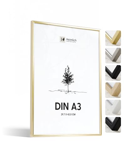 Heimlich® - Bilderrahmen - A3 29,7x42 cm, Aluminium, Gold - Kleiner Posterrahmen - Nur zur Wandmontage
