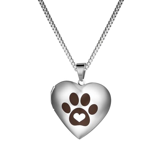 Cupimatch Herz Medaillon zum Öffnen: Damen Herren Haustier Bilder Halskette mit Pfoten-Motiv für 2 Fotos Elegant Edelstahl Herzanhänger mit 61cm Kette Geschenke für Eltern Kinder Familienmitglieder
