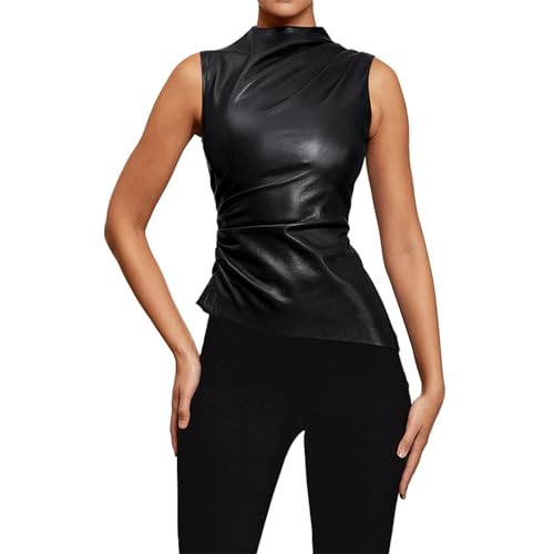 Damen Wetlook Crop Top Leder-Optik Tank Top Glänzende Korsett BH Oberteil Kurze Ärmellos Shirt Clubwear Kostüm Rave Party Lack Glänzend Tank Top Reizwäsche Rückenfrei Weste Oberteile