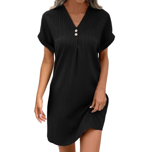 sommerkleid damen elegant schwarz, Musselin Kleid Damen Sommer Kurzarm Strandkleid Freizeitkleid V-Ausschnitt Casual Sommerkleid Blusenkleid Einfarbig Elegant Midikleid Hemdkleid Leicht Locker Luftig