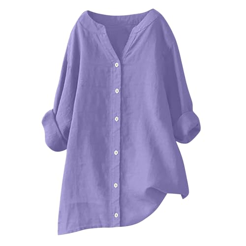 Keepink Damen-Shirts, langärmelig, Button-Down-Blusen, Baumwolle, Leinen, einfarbig, V-Ausschnitt, übergroße Tunika, Oberteil, Arbeit, Business, elegante Freizeitbluse, Damen-T-Shirts, Übergröße