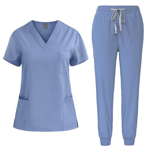 EMATOP angebote des tages heute Medizinische Uniform Set Damen Medical Schrubb-Set Zweiteiler Business Kasack und Hose Outfit Einfarbig Pflege Berufsbekleidung 2-Teilige Arbeitskleidung