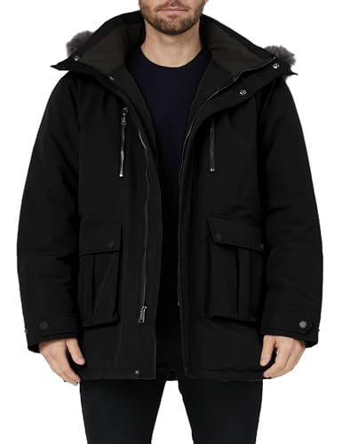 Wantdo Herren Winterjacke Übergröße Warme Parka Lang Outdoor Verdickt Daunenjacke mit Abnehmbarer Fellkapuze Schwarz 78-82