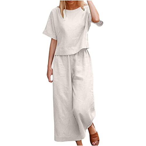 Damen Zweiteiler Leicht Und Luftig, Musselin Set Sommer Baumwolle Und Leinen, Sale Angebote Einfarbiges Oberteil Und Hosenset (1 Oberteil + 1 Hose), Sommer Outfits Elegant Schicke