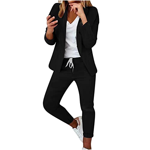 EMATOP Damen Anzug Elegant 2 Teilig Hosenanzug Langarm Business Anzug Set Zweiteiler Einfarbig Blazer Hose Festlich Lange Hosenanzüge Sportlich Slimfit Streetwear Frauen Baumwolle Freizeitanzug