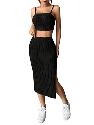 GORGLITTER Damen 2-Teiliger Rock und Top Sets Crop Camitop mit Schlitz Midirock Sommer Outfit Camisole Kombiset Schwarz L