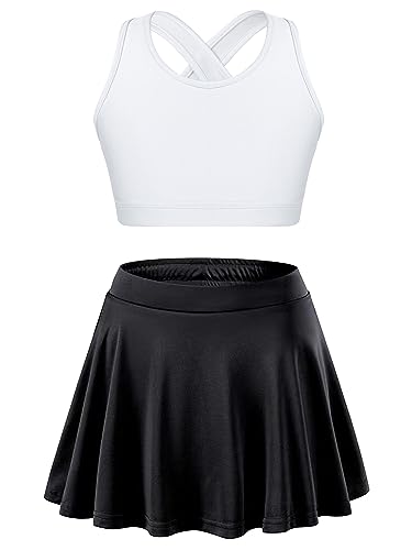 Yeahdor Kinder Mädchen Sport Kleidung Set Ärmellos Crop Top Mit Rock Tennisrock Tennis Skort Sportanzug Joggen Fitness C Weiß schwarz 122-128