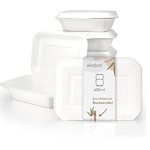 wisefood Zuckerrohr Einweg Schalen - 50 Stück Bagasse Menüboxen weiß 600ml - Lunchboxen mit Klappdeckel ideal für Takeaway - Biologisch abbaubares Zuckerrohr Geschirr ohne PLA/PE