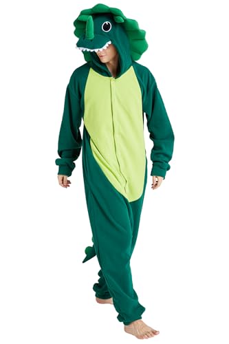 Loiahoer Unisex Erwachsene Triceratops Onesie Kostüm Pyjama Dinosaurier Drache Halloween Cosplay Kostüm Neuheit Tier Weihnachten Pyjama Set für Familie & Paare,Grün,L