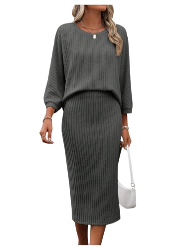 SweatyRocks Damen Elegant Zweiteiler Strick 2 Teiler Set 3/4 Ärmel Tshirt und Rock Set Bodycon Midirock Freizeitanzug Grau L