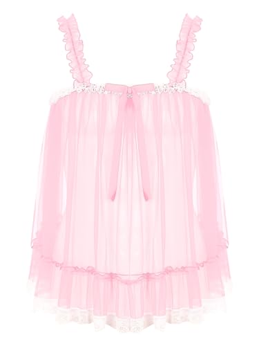 FEESHOW Herren Sissy Dessous Babydoll Mesh Spitze Minikleid Männer Durchsichtige Unterwäsche Schlafanzug Nachtwäsche Crossdresser Kleidung Rosa_B XXL