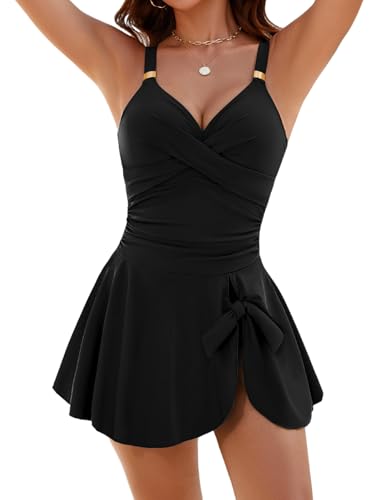 Nadeer Einteiliger Badeanzug Damen V-Ausschnitt Ruched Bauchweg Bademode Push Up Badeanzugkleid Schwimmanzug Elegant Metall Krawattenknoten Swimsuit
