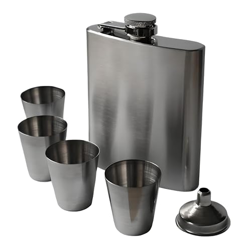 Flachmann Set mit Trichter & 4x 3cl Pinnchen – Edle Geschenkbox Verpackung, Flachmann 7 oz, 207ml inklusive 4 Schnapsgläser und Trichter